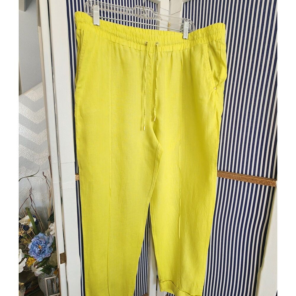 Ellen Tracy 100% Linen Drawstring Pants Neon Chartreuse Yellow XL - Picture 2 of 6